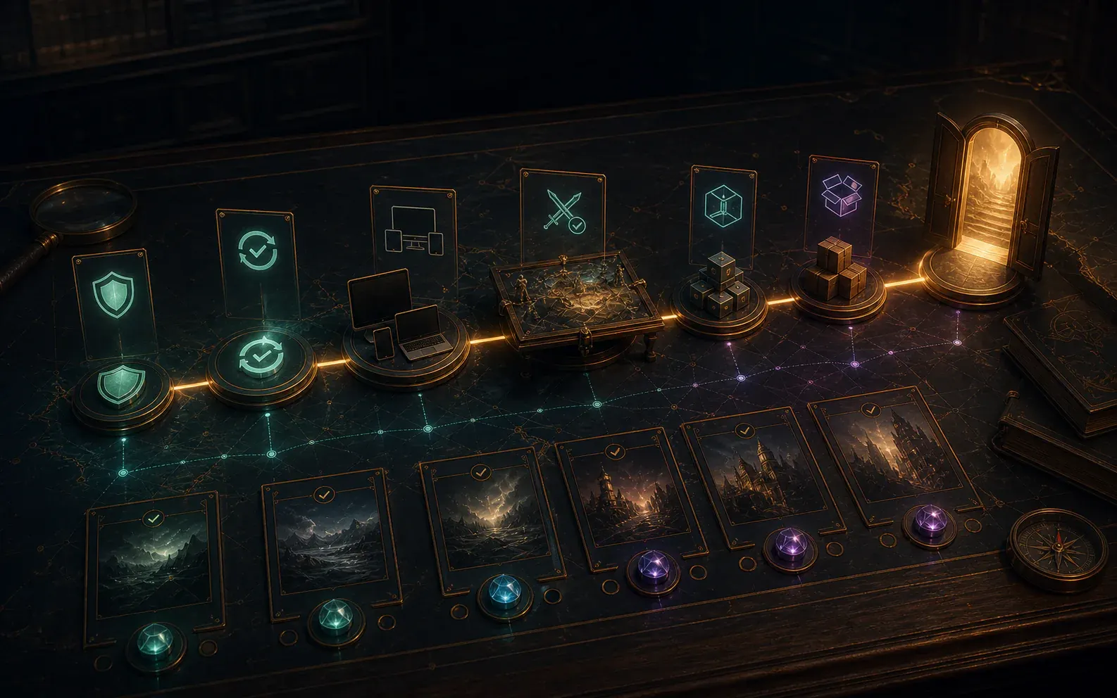 Concept roadmap board connecting the current parity demonstration to Player, Games Master, public release and full-platform horizons.