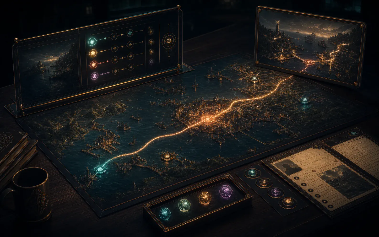 Cinematic UGM table where installable tools for maps, sheets, dice, sound and presentation work together without crowding the live session.