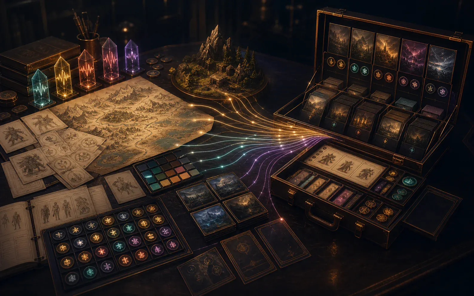 Cinematic UGM content studio arranging adventures, maps, themes, sound and play aids into clear packages ready for a real table.