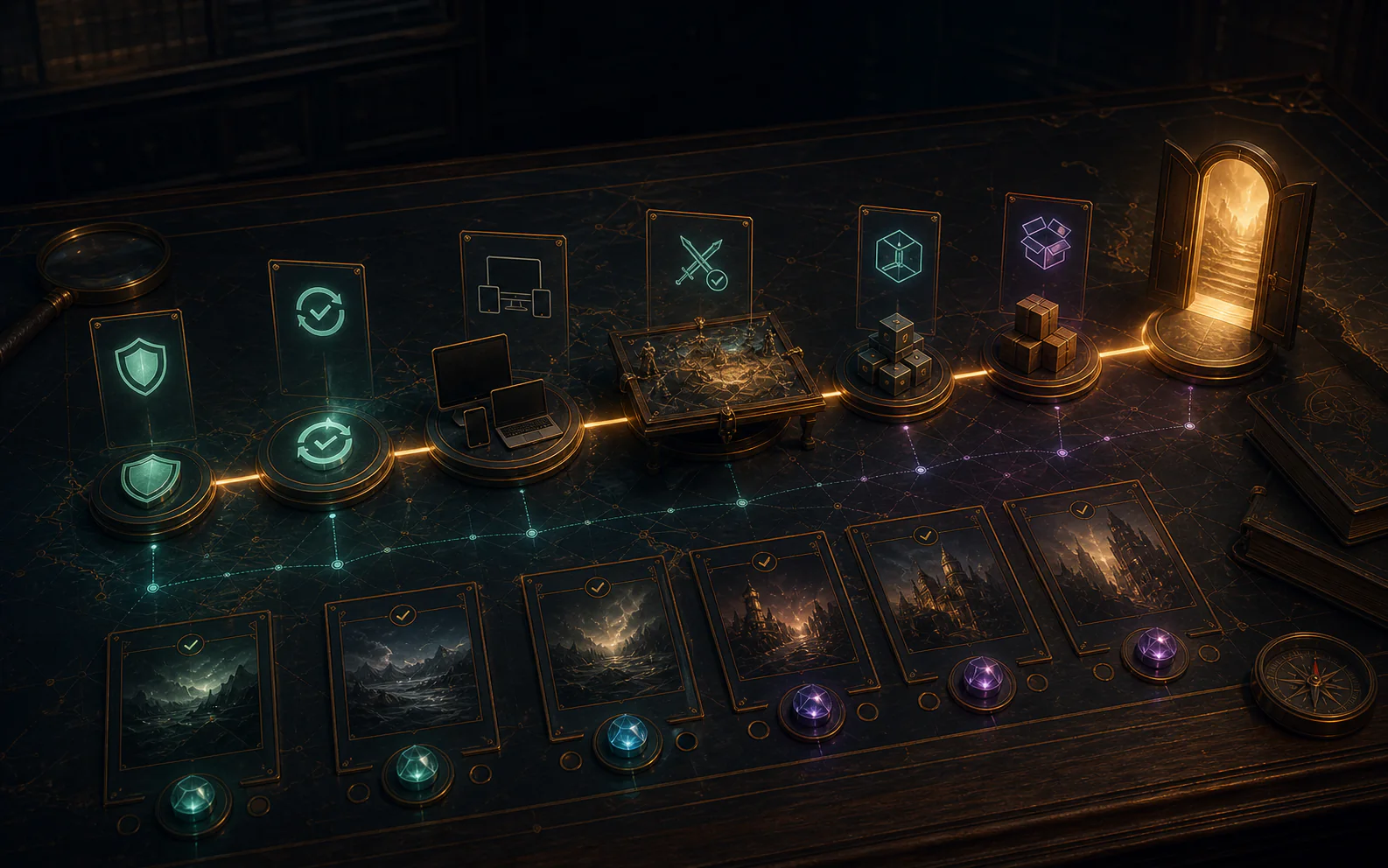 A progress board showing safe updates, device checks, playtesting and release in a clear sequence.