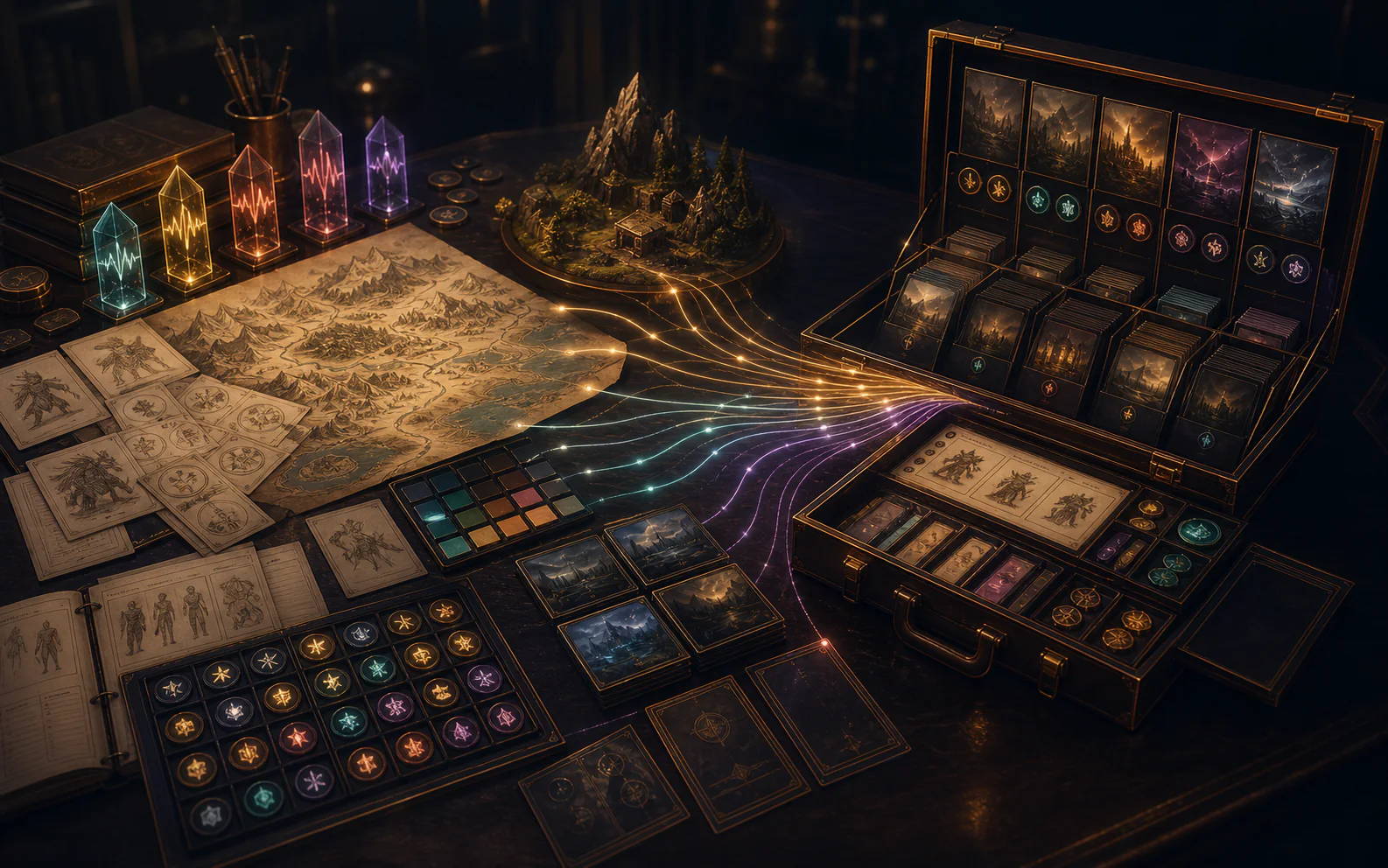A creator’s desk bringing campaign material, maps, themes and table-ready content together.